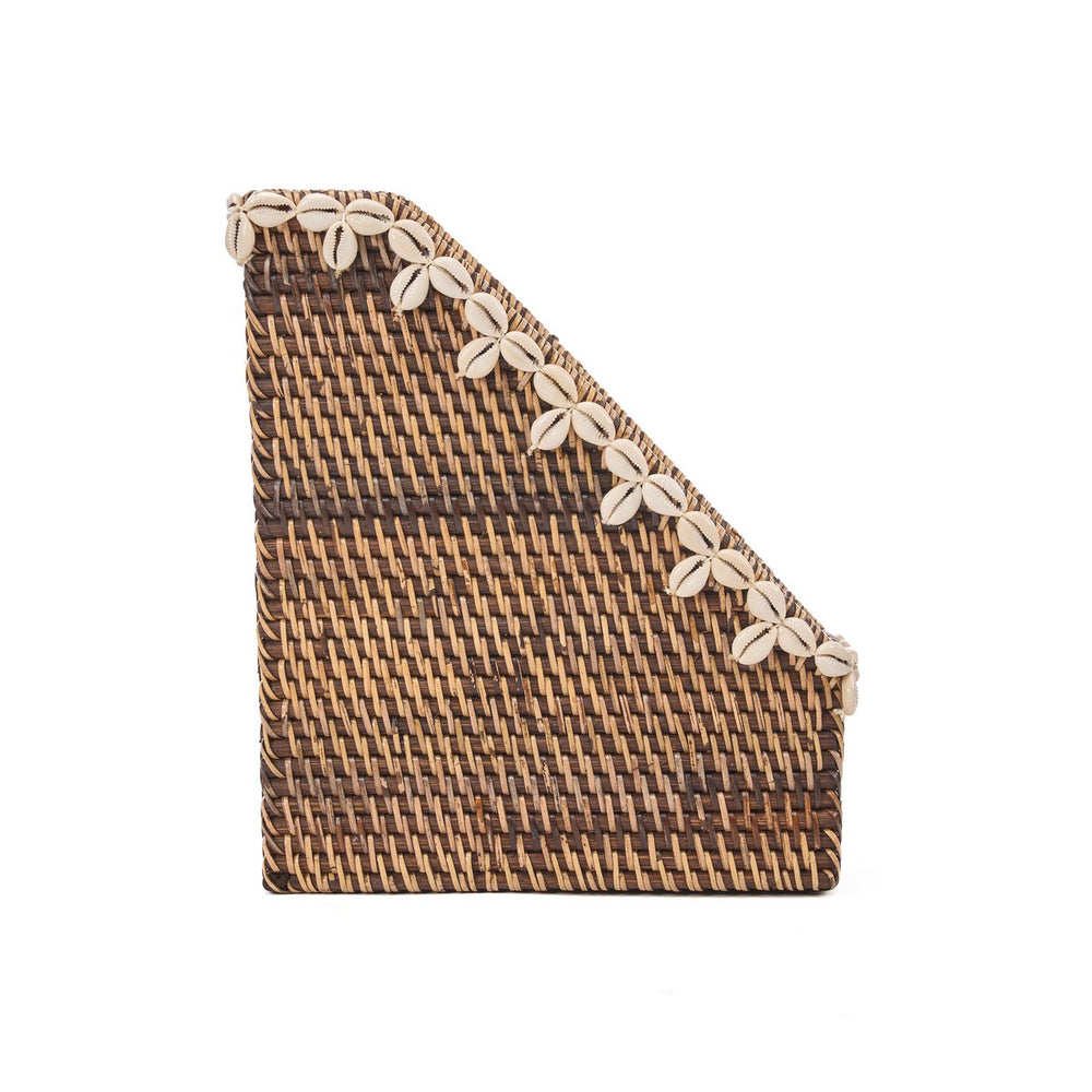 Natural brown rattan organizer with shell edge accents