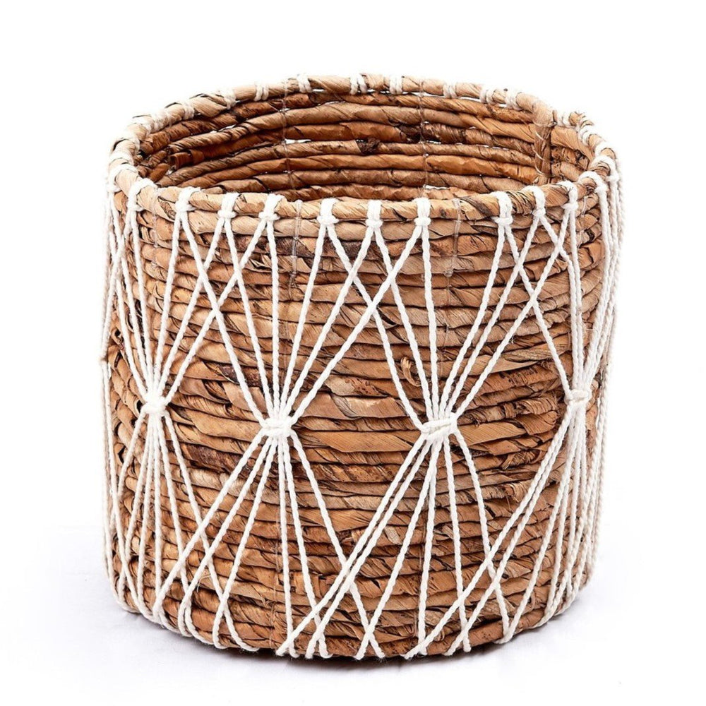 Brown and white woven banana fibre storage basket with cotton macramé lacing