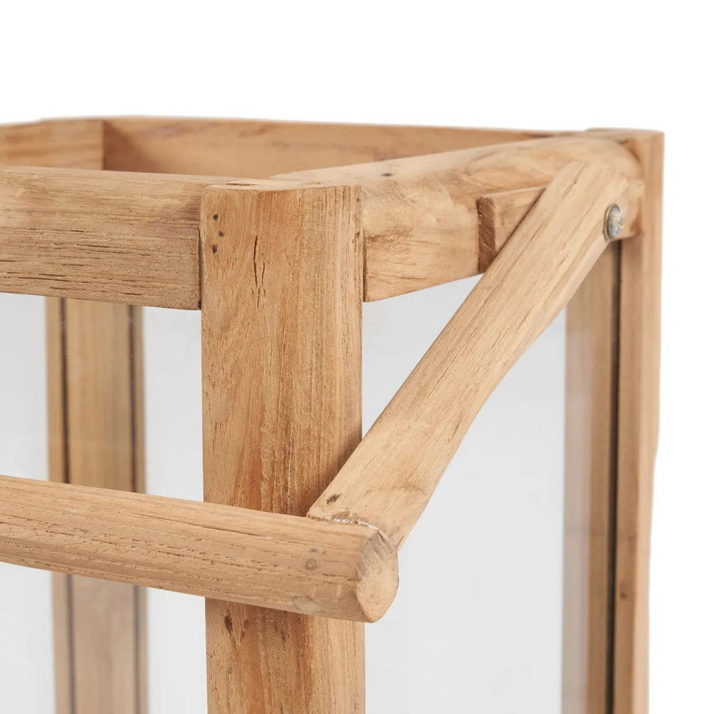 Teak wood rectangular lantern with carrying handle