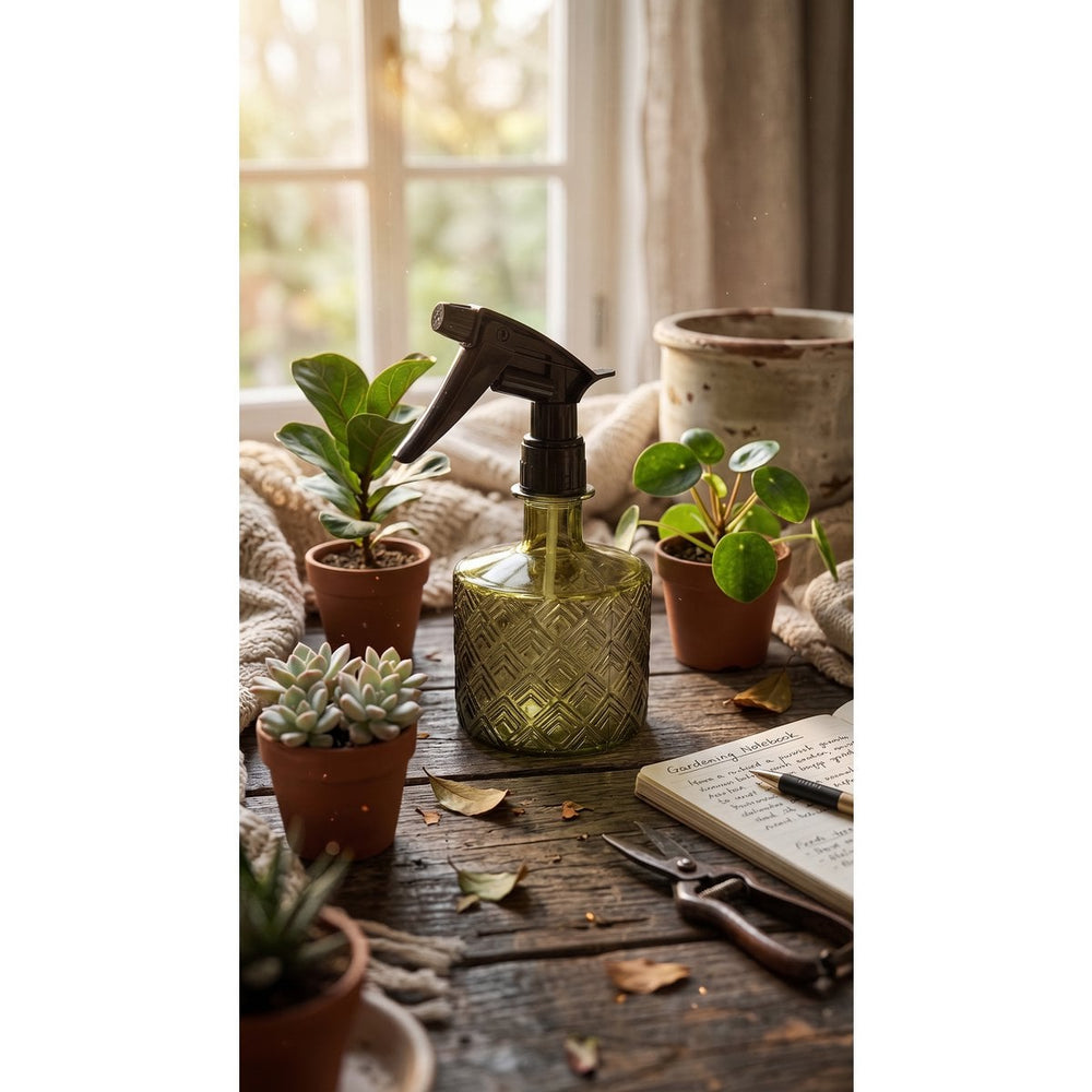 Olive green recycled glass plant mister with lattice detailing