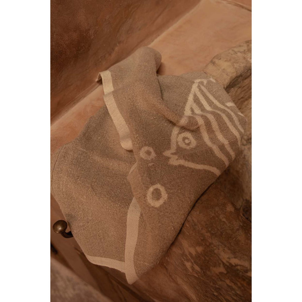 Natural white linen kitchen towel with fish motif