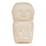 Stone sculpture of a faceless figure with triangular design on a white background