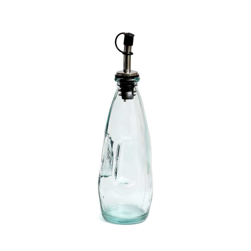 Blue recycled glass olive oil bottle with metal spout