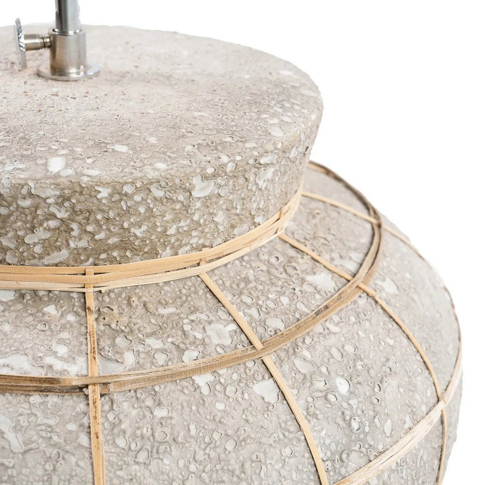 Beige and grey terracotta table lamp with rattan grid and fringed grass shade