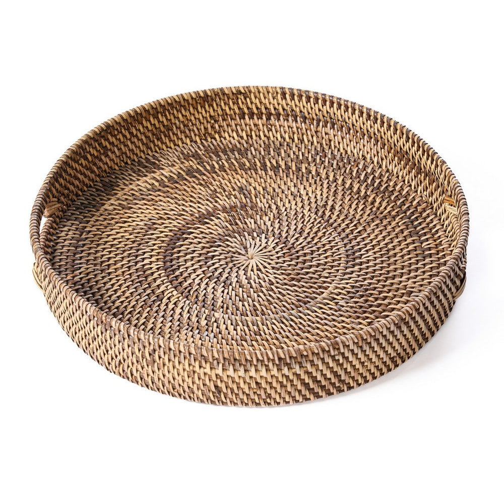 Natural brown woven rattan serving tray with cut-out handles
