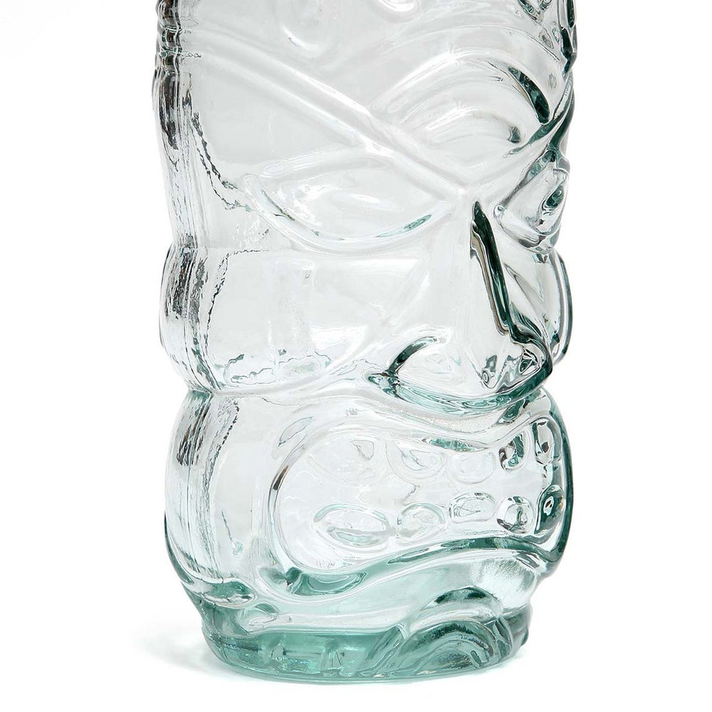 Blue recycled glass drinking glass with sculptural face design