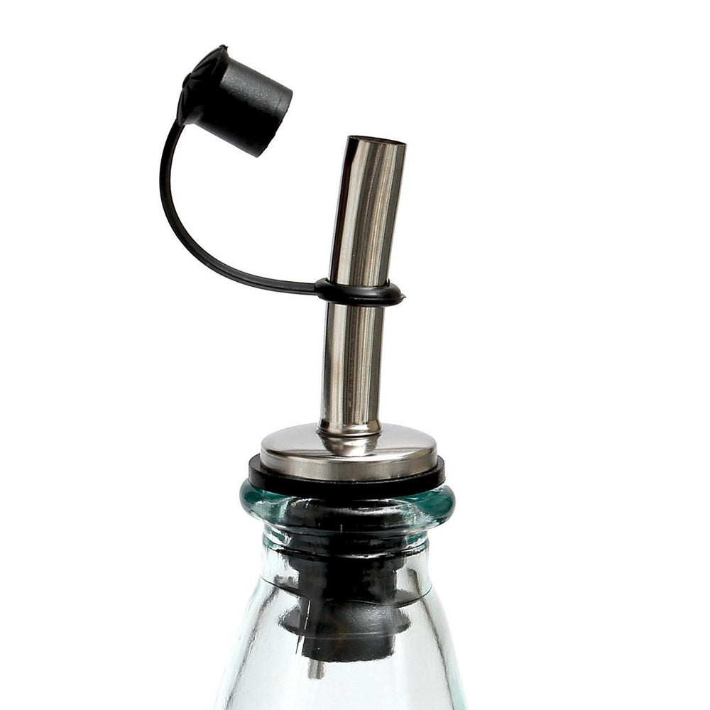 Blue recycled glass olive oil bottle with metal spout