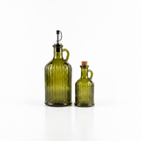 Green ribbed recycled glass olive oil bottle with handle