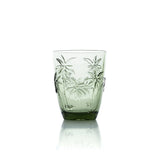 Green frosted glass water glass with embossed palm trees