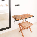 Beige wooden stool with woven recycled paper seat