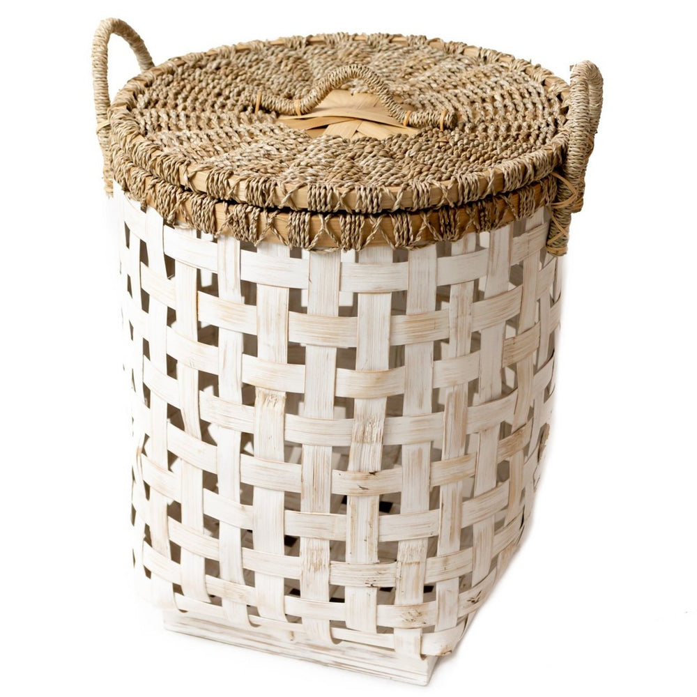White woven bamboo laundry basket with seagrass lid