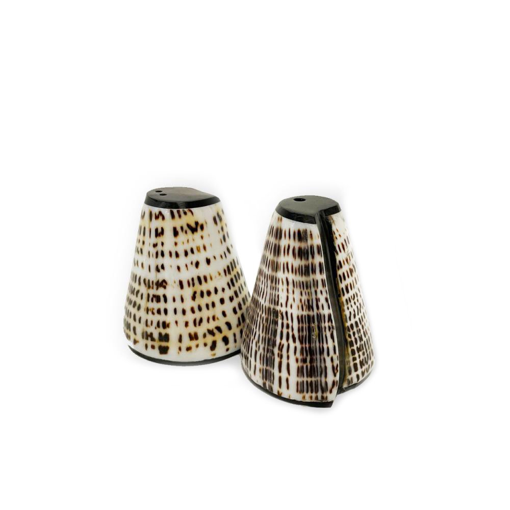 Two ceramic salt and pepper shakers with a spotted pattern on a white background