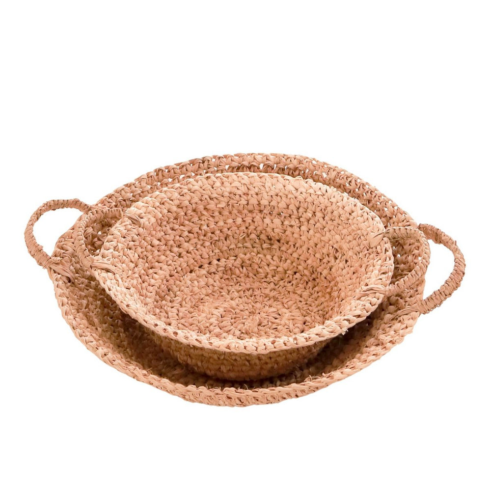 Set of woven baskets with handles on a white background