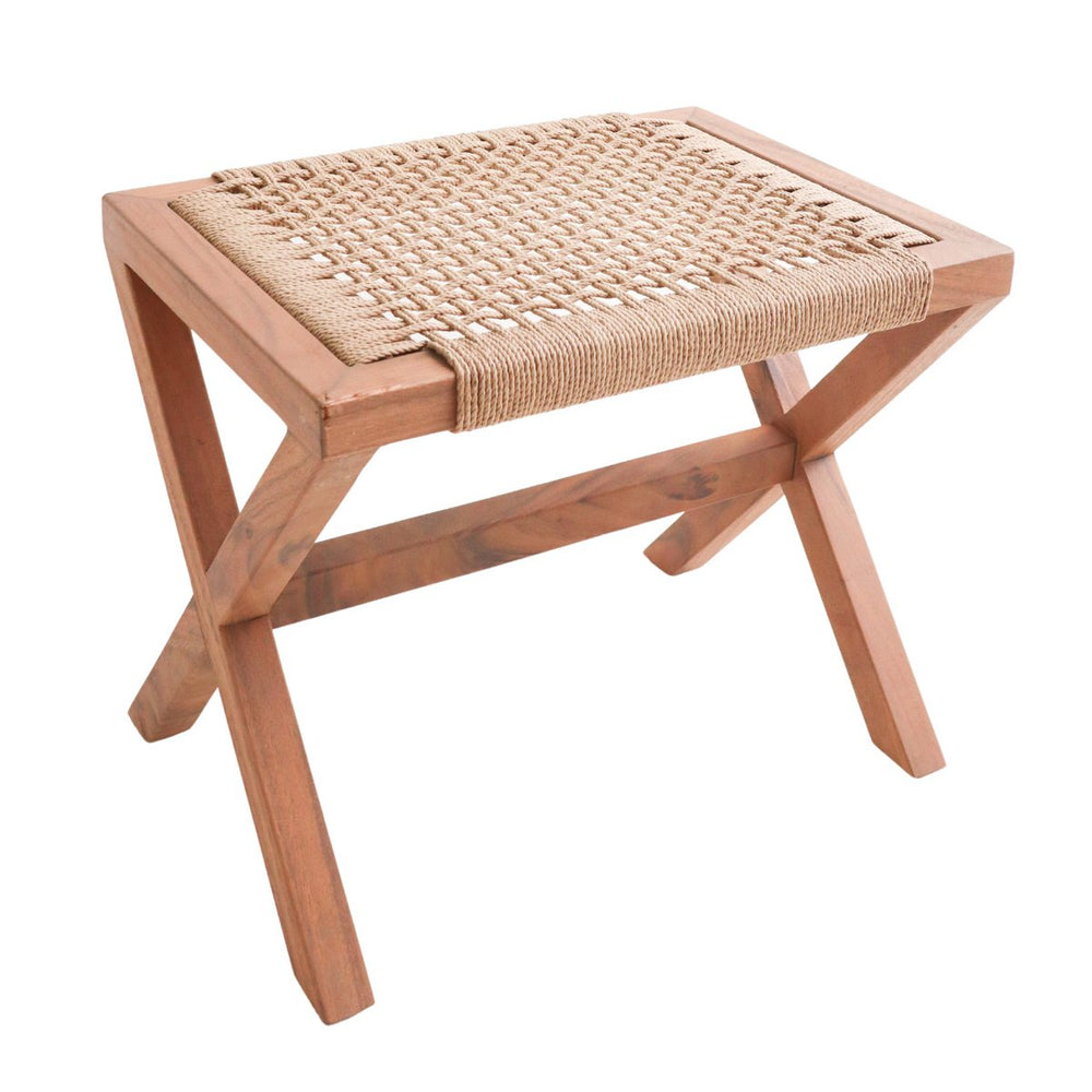 Beige wooden stool with woven recycled paper seat