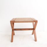 Beige wooden stool with woven recycled paper seat