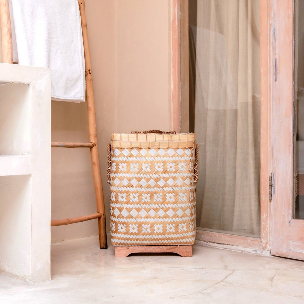 Beige white handwoven bamboo laundry basket with lid