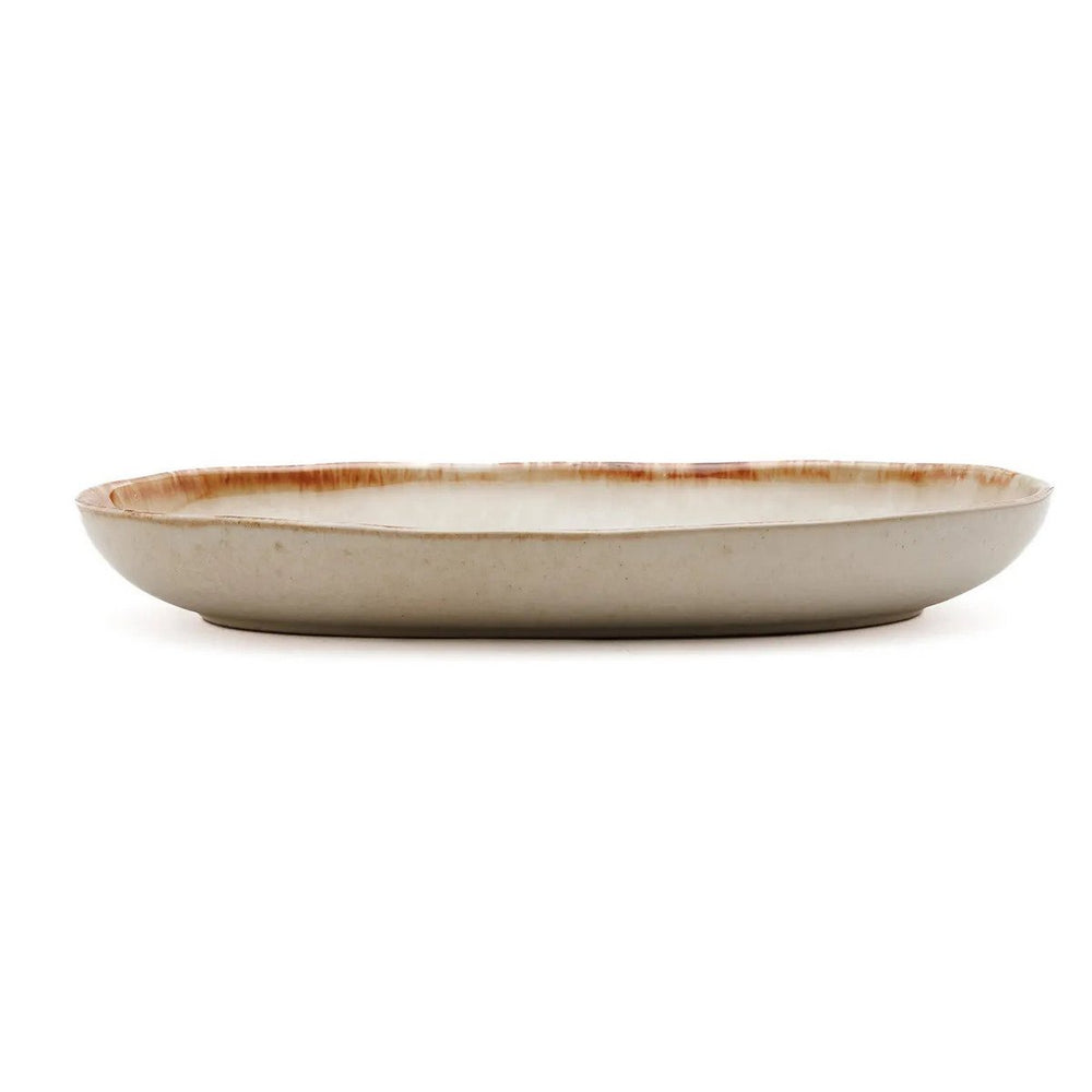 White stoneware oval plate with gold accent