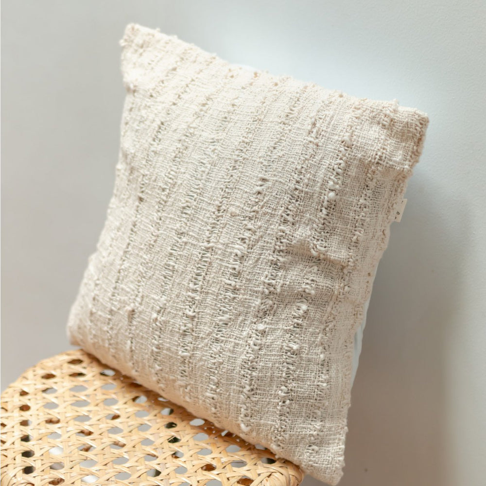 White handwoven cotton cushion cover with striped pattern