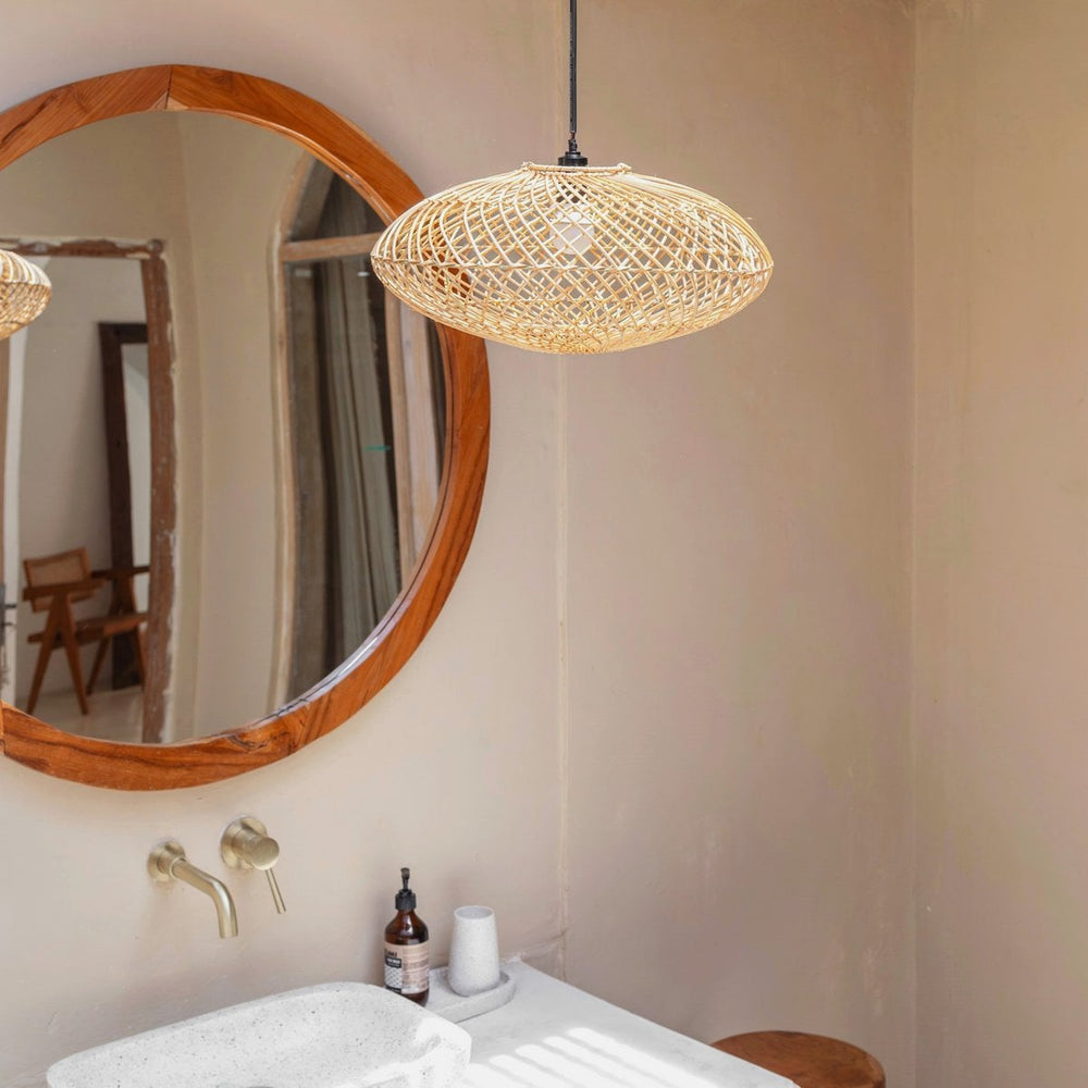 Beige woven rattan disc pendant lampshade