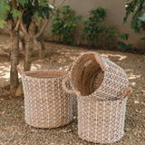 Brown banana fibre basket with white cotton woven pattern