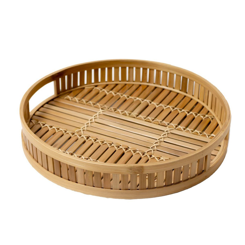 Beige round bamboo serving tray