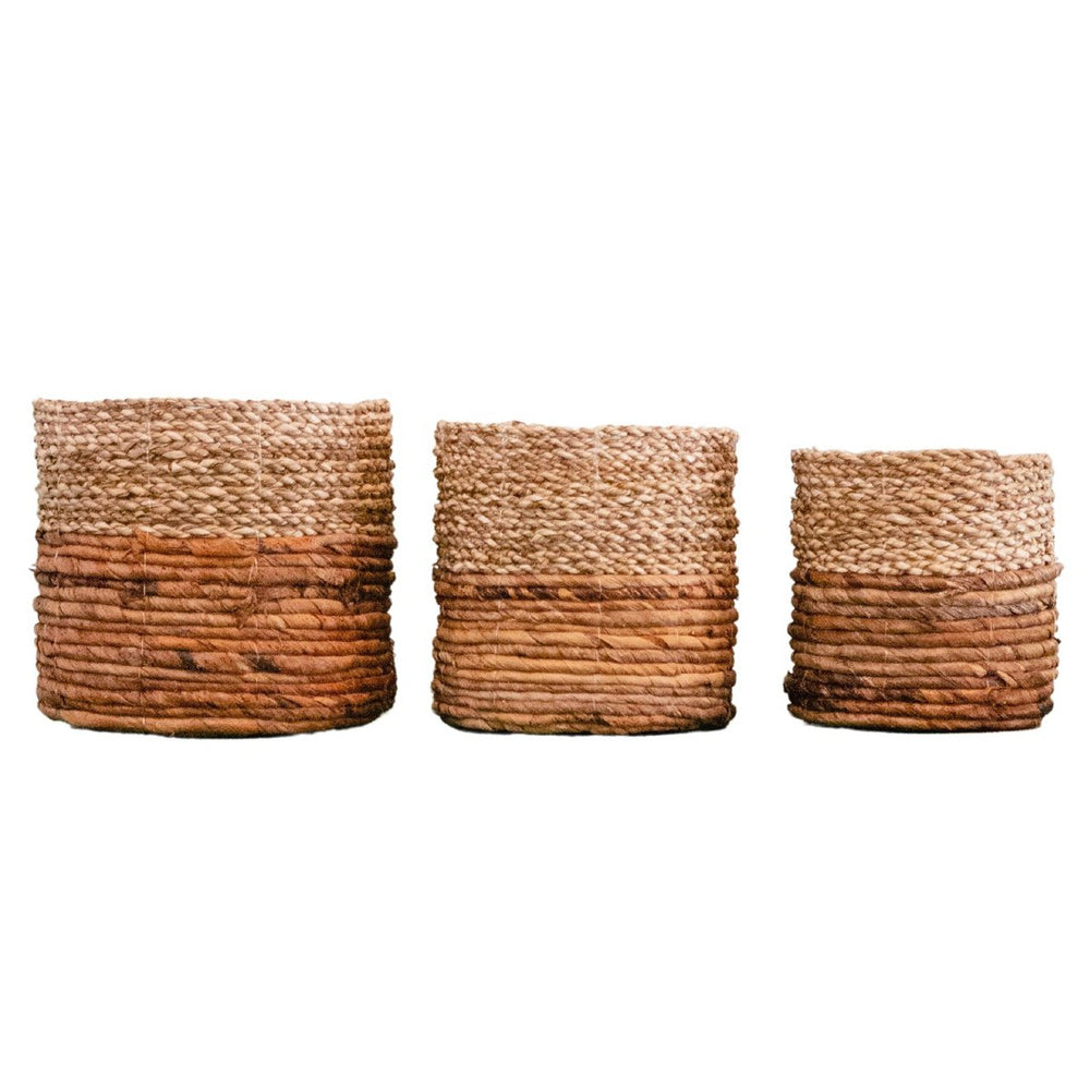 Two-tone brown and beige woven seagrass and banana fibre basket
