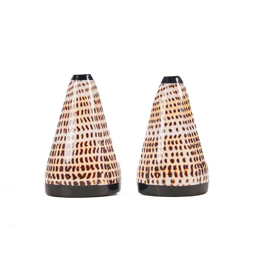 Two cone-shaped ceramic vases with a patterned design on a white background