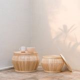 Beige bamboo basket side table