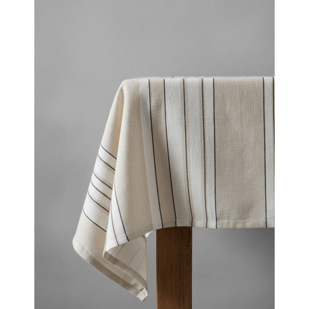 Natural black and white striped linen tablecloth