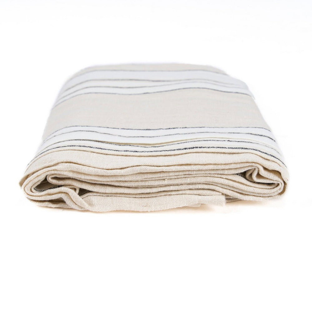 Natural black and white striped linen tablecloth
