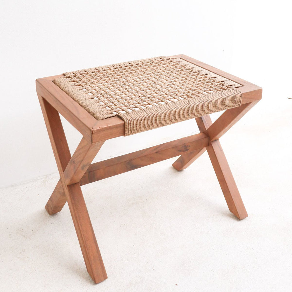 Beige wooden stool with woven recycled paper seat