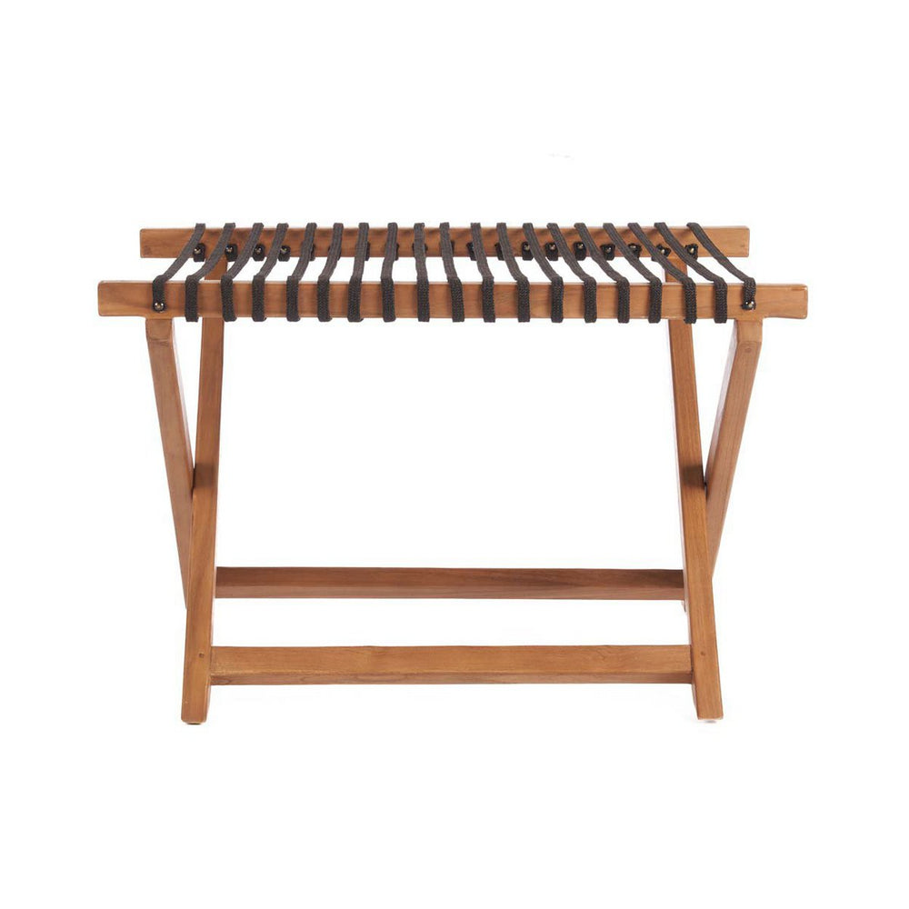 Natural wood foldable luggage rack with woven cord detailing