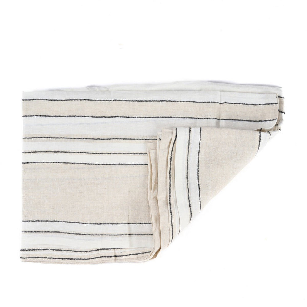 Natural black and white striped linen tablecloth