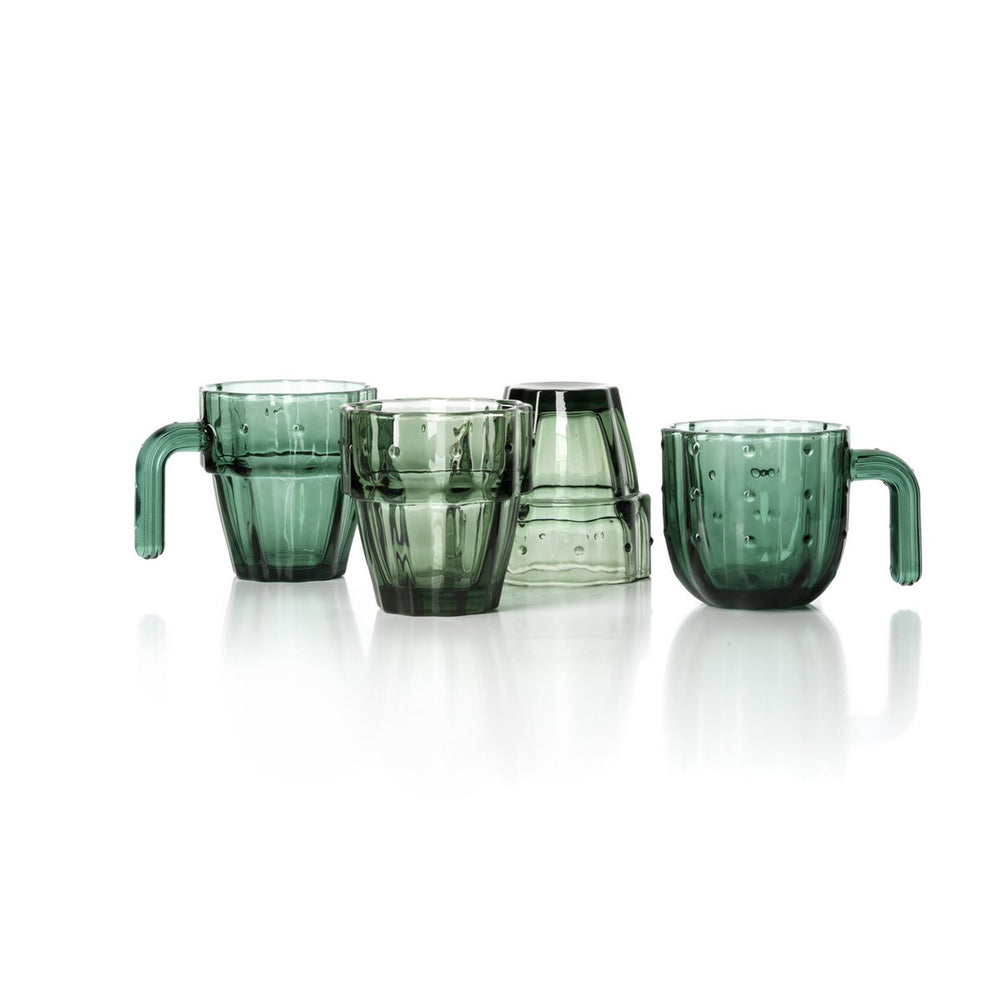 Green textured glass stacking cups and mugs set