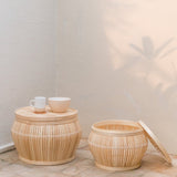 Beige bamboo basket side table