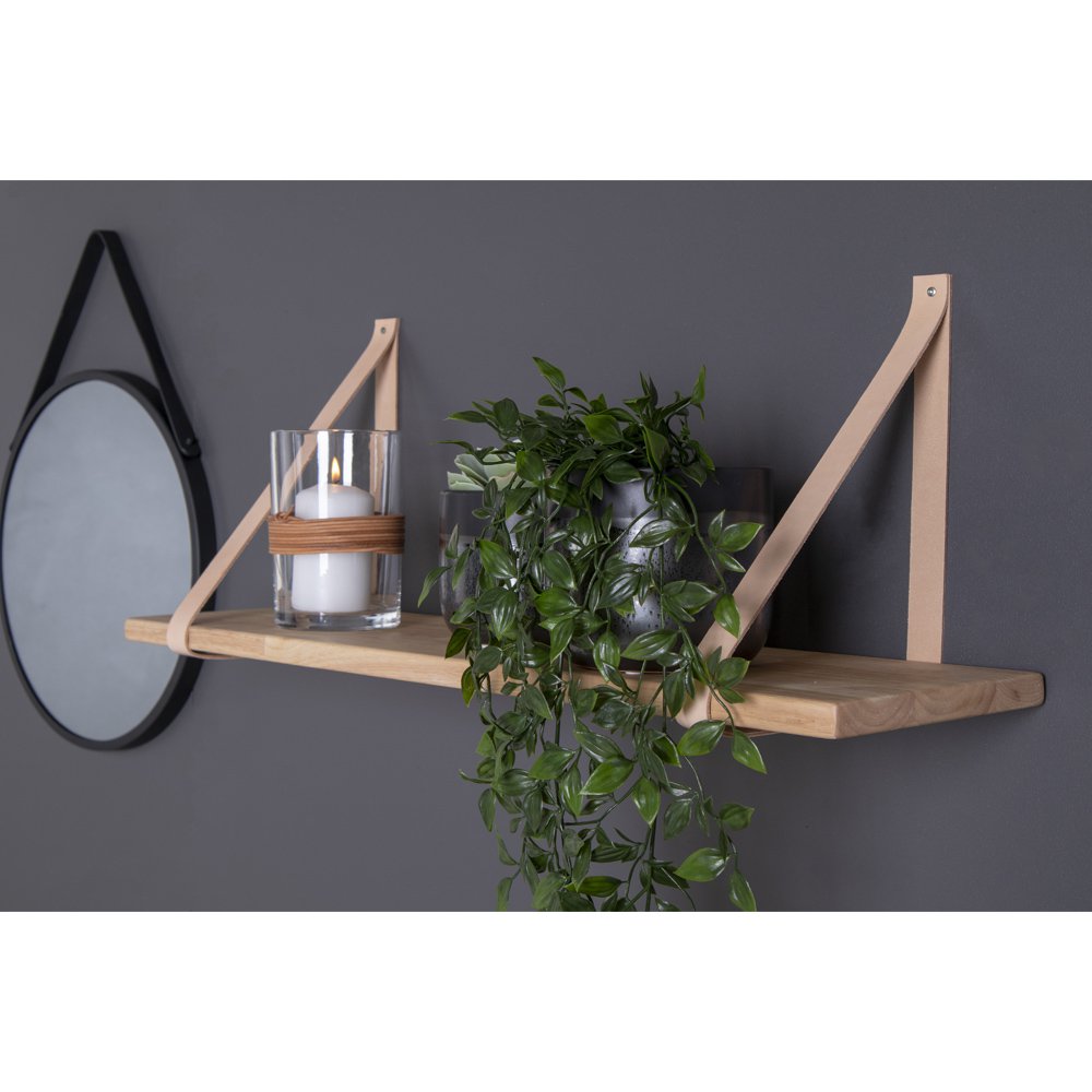 Brown wooden wall shelf with leather straps