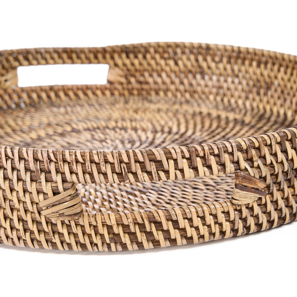 Natural brown woven rattan serving tray with cut-out handles