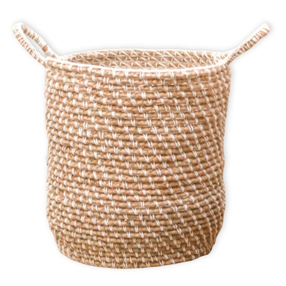 Beige woven banana fibre storage basket with white cotton cord pattern