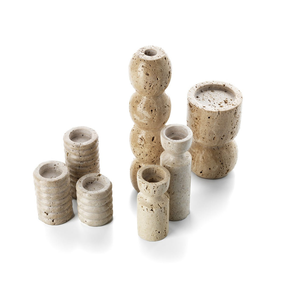 Beige travertine hourglass candle holder