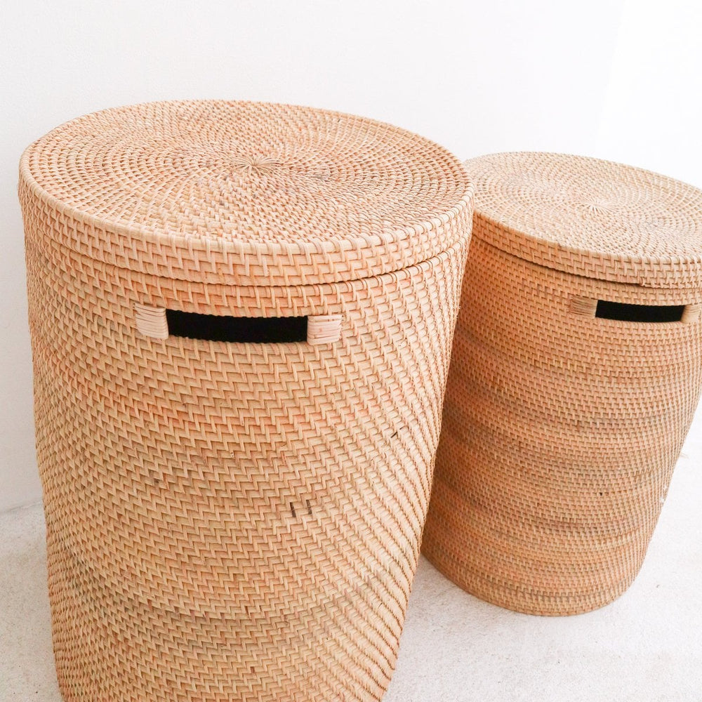 Beige woven rattan laundry basket with lid