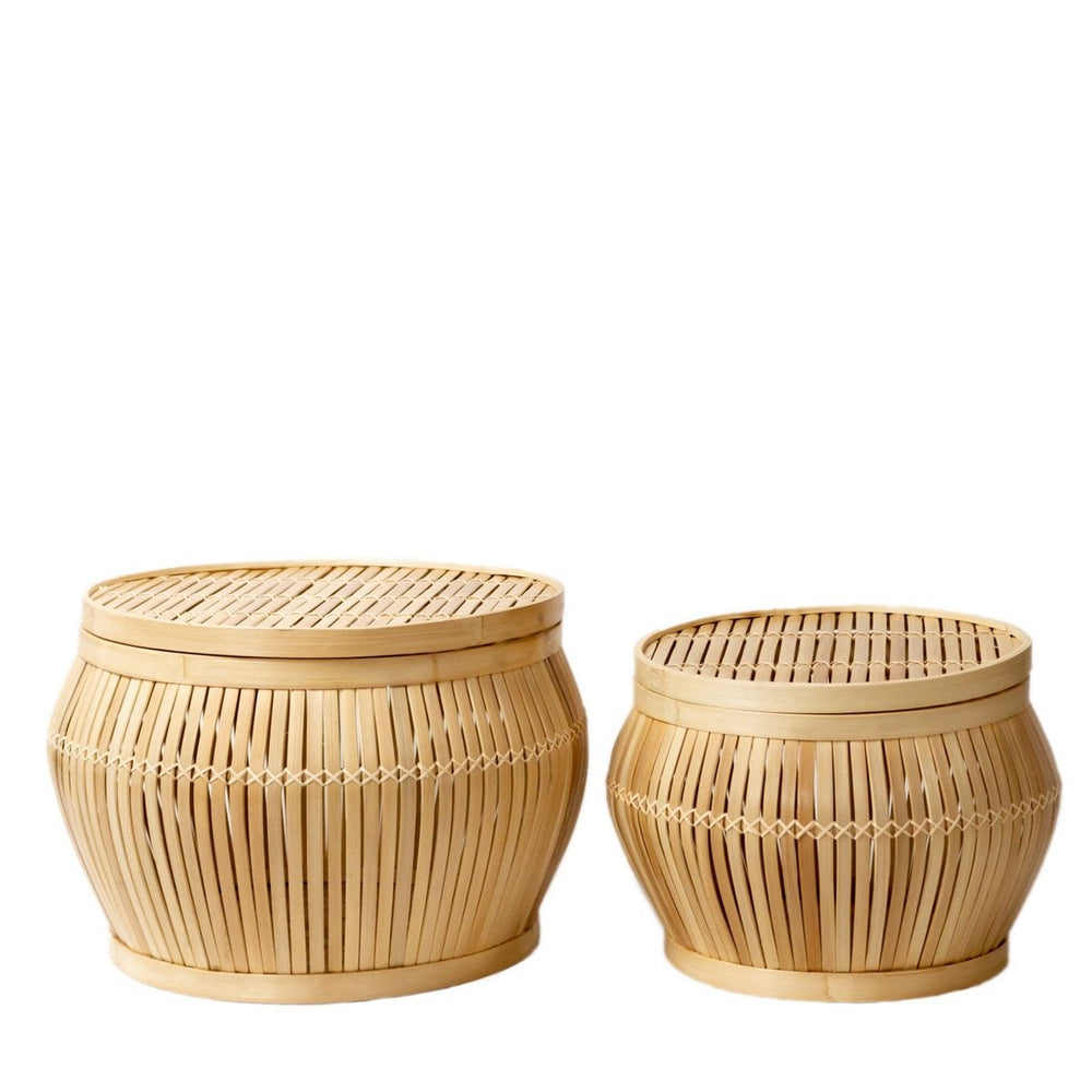 Beige bamboo basket side table