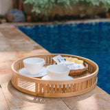Beige round bamboo serving tray