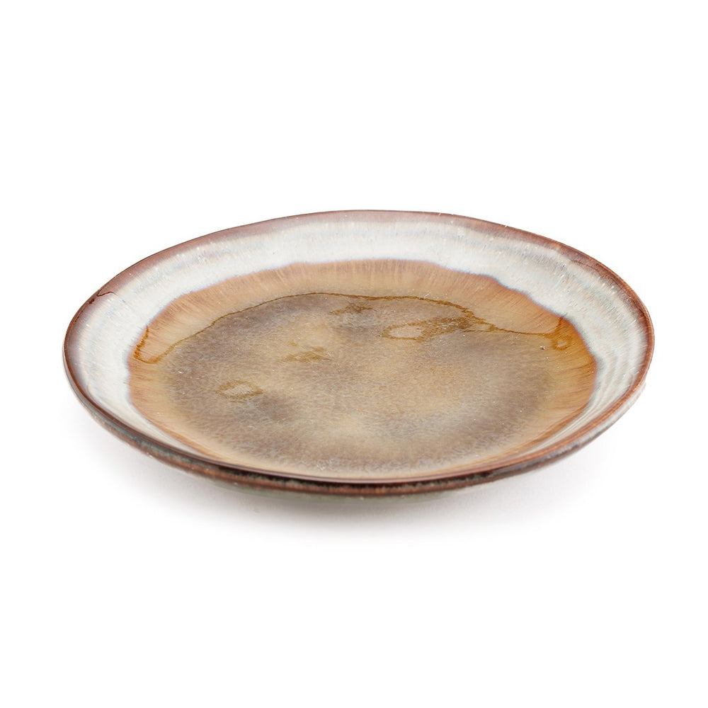 Brown stoneware appetizer plate with crackle glaze finish