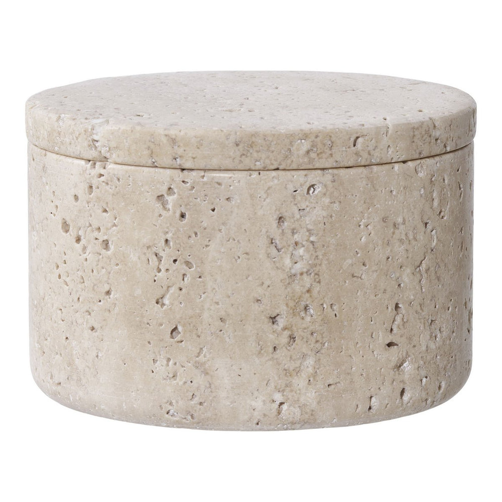 Round stone-patterned box with a lid on a white background