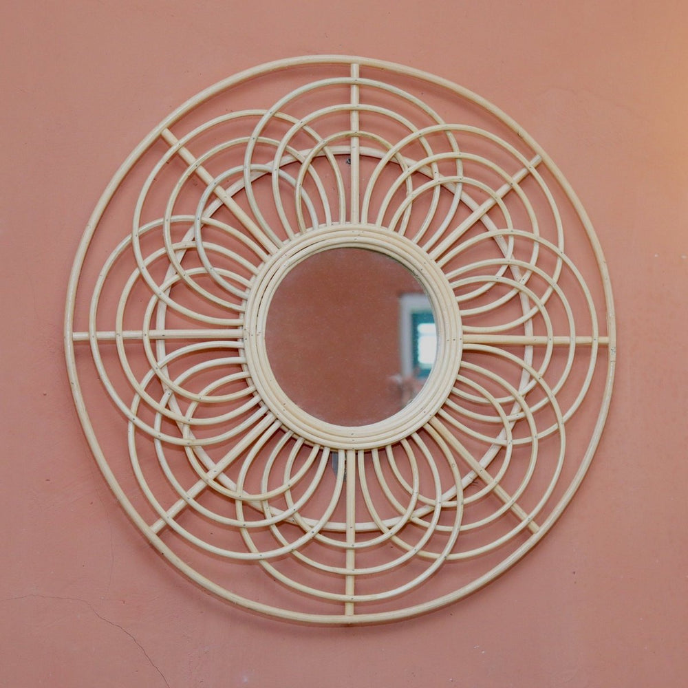 Beige rattan round wall mirror