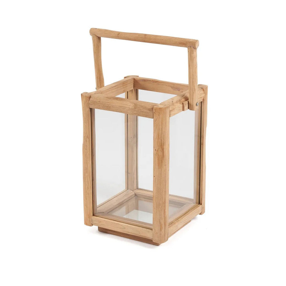 Teak wood rectangular lantern with carrying handle