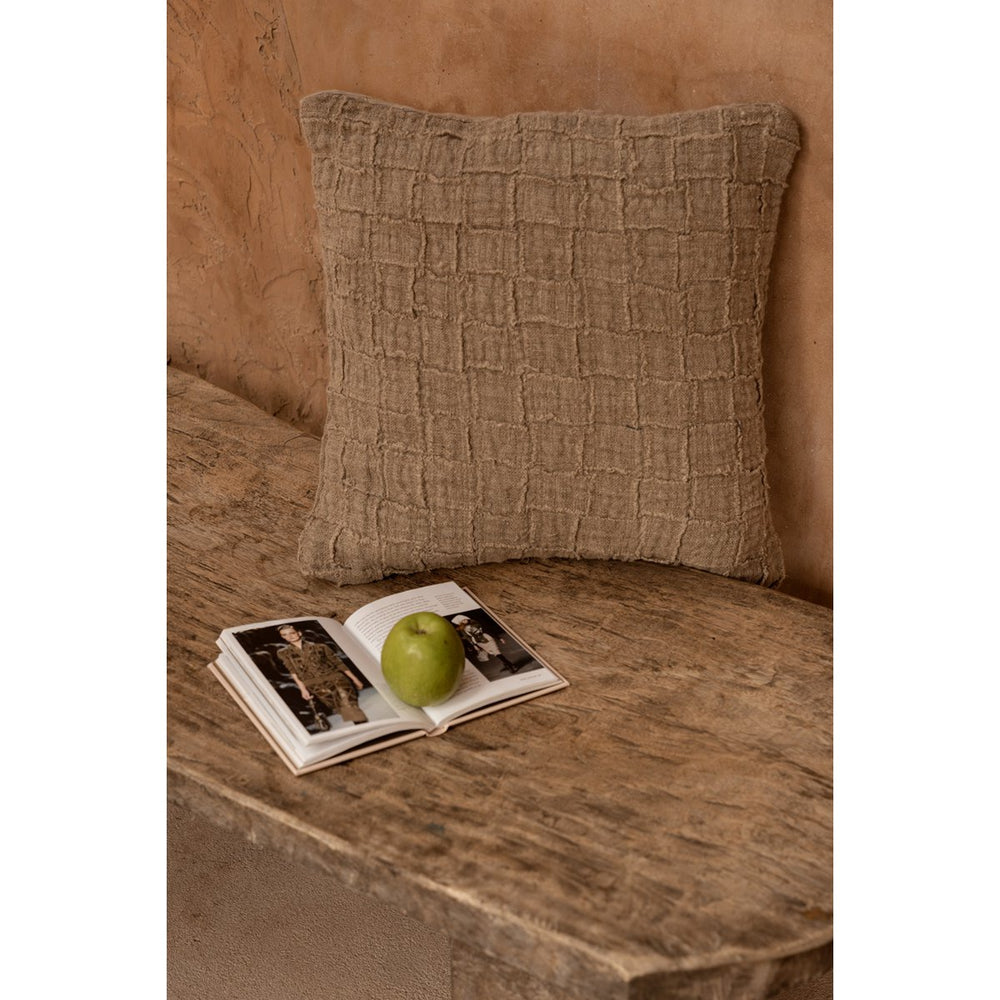 Natural woven linen cushion cover with damier pattern
