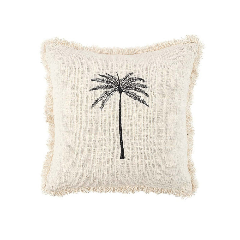 Black woven cotton cushion cover with palm leaf design