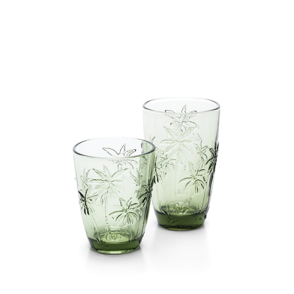Green frosted glass water glass with embossed palm trees
