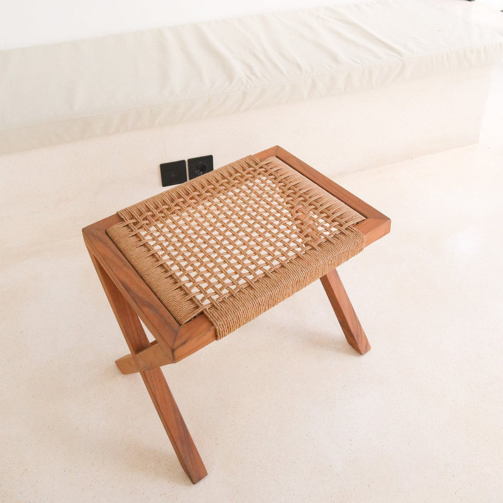 Beige wooden stool with woven recycled paper seat